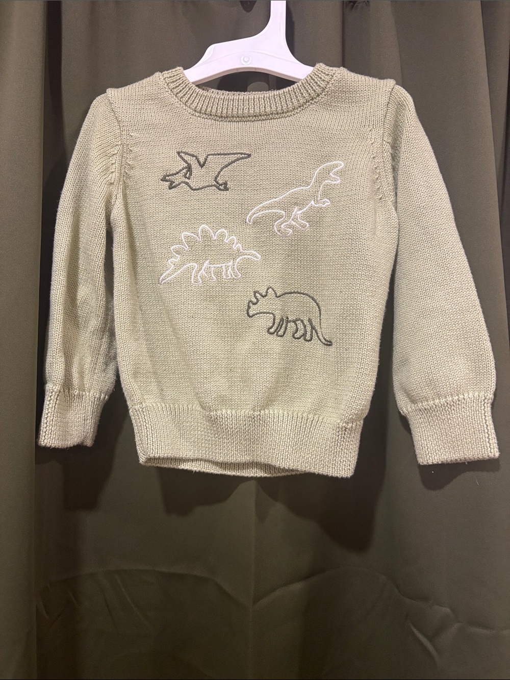 Kids Dinosaur Embroidered Knit Sweater - Sage Green
